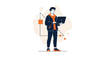 Young Professional Working On a Laptop in a Modern and Minimalist Artistic Style, Flat Design
