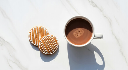 Coffee cup with two cookies on a marble countertop in bright sunlight