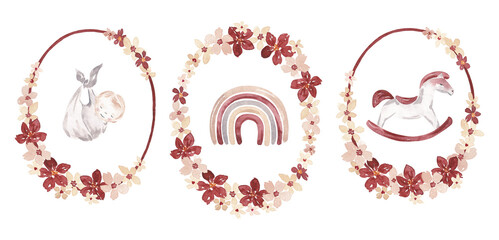 Baby shower cards set. Vintage floral wreath and nursing objects hand drawn with watercolor. Old style design for birthday, baby shower card, banner, invitation, frame art