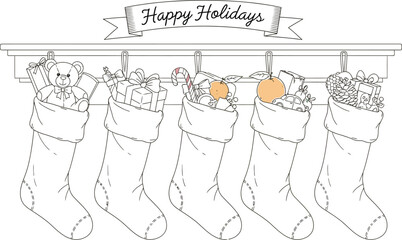 Colorful christmas stockings hanging on a mantelpiece with holiday gifts inside