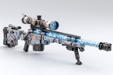Futuristic sniper rifle with transparent barrel, blue energy core, advanced scope, metallic finish, and sci fi design, exuding powerful and high tech appearance