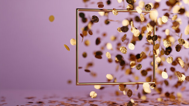 floating gold confetti in the form of a frame with empty space for text in the center of the photo on violet background not much confetti floating on the distance - Powered by Adobe