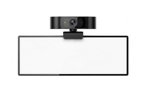 Modern computer webcam mounted on a rectangular screen isolated on transparent background