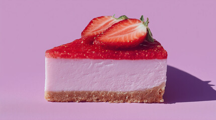 Strawberry cheesecake slice with creamy texture, biscuit crust, and fresh strawberry topping on pastel pink background, delicious dessert, sweet treat, vibrant and inviting