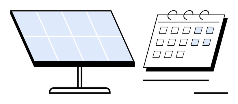 Solar panel paired with a calendar symbolizes scheduling for renewable energy usage, sustainable energy planning, environmental strategy, and eco-friendly solutions. Ideal for energy management