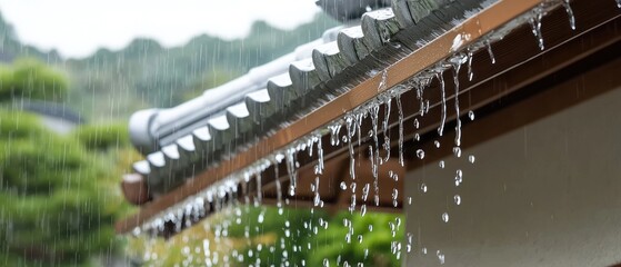 Raindrops cascading from a traditional roof during a peaceful afternoon in a tranquil garden setting