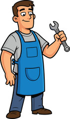 Handyman with wrench cartoon illustration, symbolic service and expressive craftsmanship character artwork for design and educational use