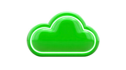 Green cloud icon, glossy neon style, isolated on transparent background, symbolizing eco friendly technology, digital storage, and modern environmental concepts, with futuristic and cheerful vibe
