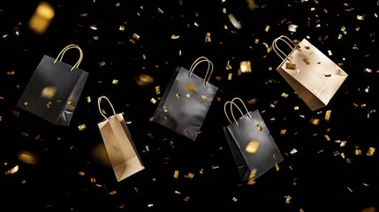 Colorful shopping bags and falling confetti on black background for festive celebration