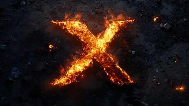 Bold capital letter x ignited in fiery flames against a dark textured background symbolizing danger or destruction