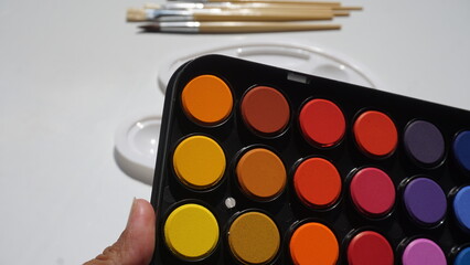 Palette of watercolors and brushes on a white background