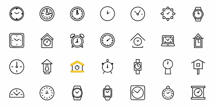 Collection of various clock and watch icons in a grid format displaying different time keeping devices