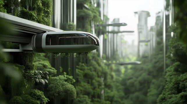 Futuristic cityscape with greenery and modern transport technology
