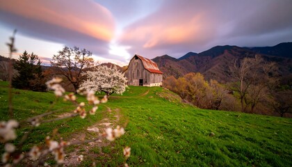 Rustic barn at sunset, scenic valley