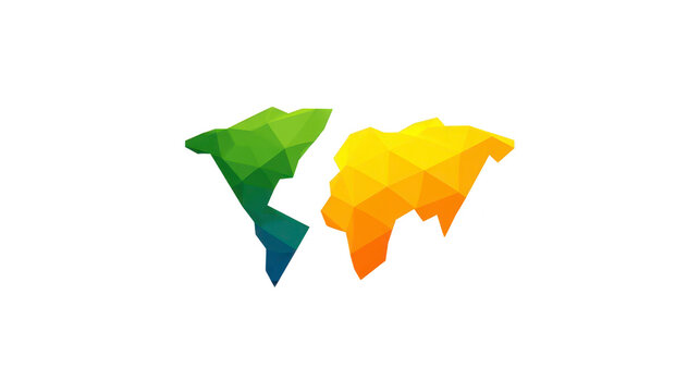 Low poly world map in green, yellow, and orange geometric shapes, isolated on transparent background, modern abstract style, creative and vibrant design for global concepts