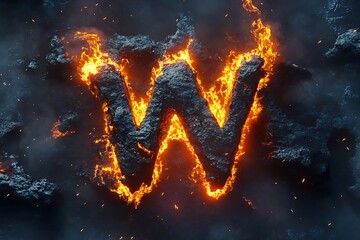 Fiery letter w ignited with intense orange flames and smoke against a dark textured background