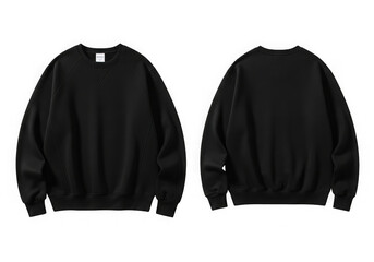 Front and back view of a plain black crewneck sweatshirt apparel mockup transparent background