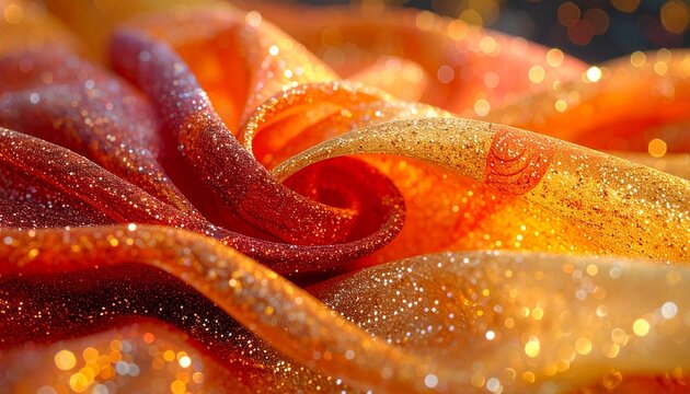 Close-up of shimmering orange and gold fabric with glittery texture and soft folds, capturing light play and luxurious surface detail. - Powered by Adobe