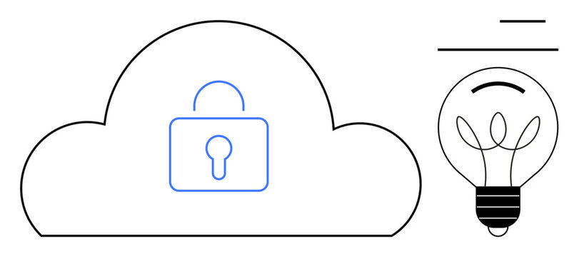 Locked cloud representing secure data storage and protection with a creative light bulb icon. Ideal for technology, cybersecurity, data safety, cloud computing, innovation, privacy, modern solutions - Powered by Adobe