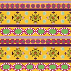 Seamless fabric pattern, Bohemian, yellow, green, pink, purple, white, floral, geometric, flower, antique, native american, fabric, white background 