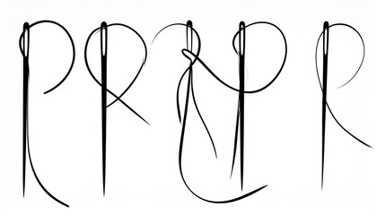 Sequence of five sewing needles demonstrating stages of hand-stitching technique with thread loops and directional flow, ideal for educational or crafting visuals.