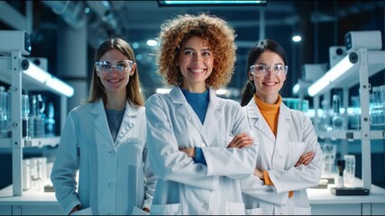 Portrait of a confident female scientist in a laboratory, standing in front of her diverse research team. They wear lab coats and protective goggles, symbolizing leadership, knowledge, and innovation - Powered by Adobe
