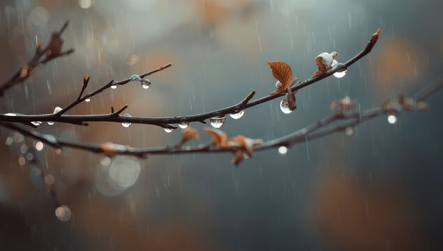 Close up of water droplet on tree branch after rain with blurred background