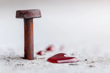 Rusty crucifixion nail next to heart-shaped blood drop on stone surface symbolizing Jesus sacrifice and divine love