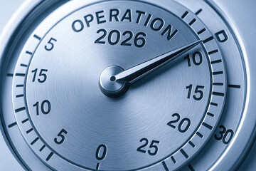 Strategic driven innovation countdown dial to 2026 on metallic safe dial conveying urgency focus and future planning