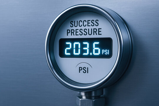 Strategic driven innovation pressure gauge showing numeric psi reading and industrial metal texture conveying focused ambition and measured success in professional setting