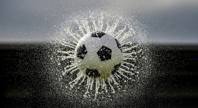 Dynamic soccer ball exploding with water droplets, capturing the thrill of the game and athletic achievement, perfect for sports marketing campaigns