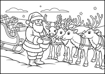 Christmas coloring page Santa Claus feeding reindeer with sleigh and gifts in the snow