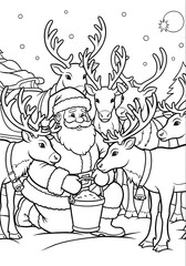 Christmas coloring page Santa feeding reindeer with snowy background and sleigh