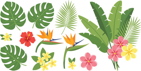 Tropical leaves and flowers create a vibrant and exotic botanical illustration