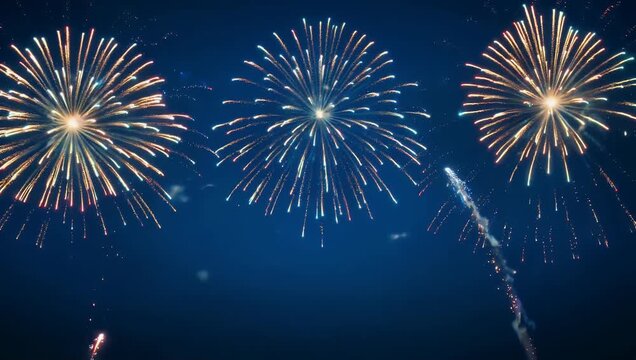 high quality 4k video realistic fireworks exploding vivid colors blue screen background designed independence day new year festive overlay use cinematic slow motion detail bright sparkling