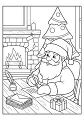 Santa Claus writing letter by fireplace with Christmas tree and gifts coloring page
