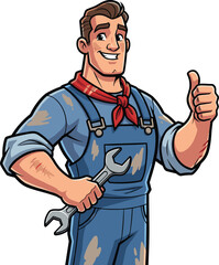 Mechanic with wrench and thumbs-up cartoon illustration, symbolic service and expressive labor character artwork for design and education