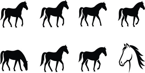 Horse silhouettes set, walking, standing, grazing poses, equine icons, black vector collection, pony head logo, isolated on white background