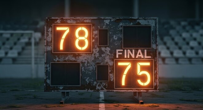 Vintage scoreboard displays a close final score, capturing the thrilling end of a competitive game in a stadium setting with drama and sportsmanship