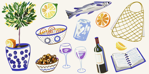 A vibrant and whimsical illustration of food and drink items arranged in a scattered composition