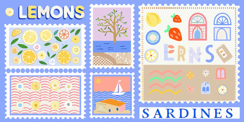 Collection of charming postage stamps featuring lemons strawberries and mediterranean seaside scenes