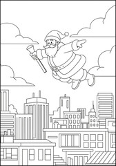 Santa Claus flying over city with bell in hand coloring page