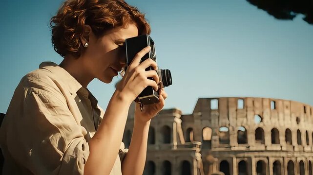 Woman photographing the Colosseum in Rome Italy capturing travel memories with a vintage camera on a sunny day