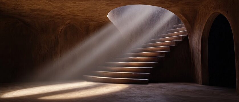 Light beams illuminate a spiral staircase in a dimly lit underground space with earthy tones and architectural arches