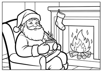 Santa Claus enjoying hot drink by cozy fireplace with Christmas stocking coloring page