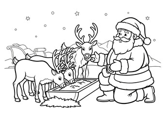 Santa Claus feeding reindeer by the sleigh in snowy landscape coloring page