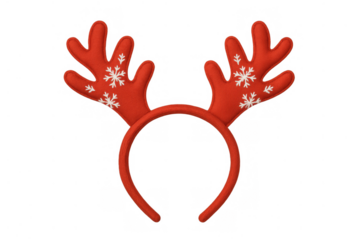 Red reindeer antlers headband with snowflakes, festive christmas accessory for holiday party costume, transparent background