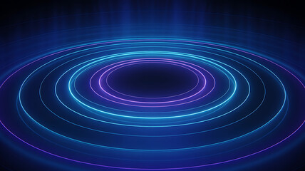 Abstract glowing neon concentric circles and futuristic portal with digital data streams in dark blue and purple