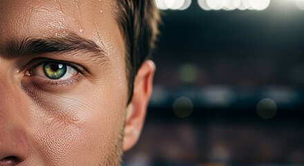Intense gaze of a determined athlete pushing limits, sweat glistening on skin, showing dedication, focus, and strength in a dynamic close-up