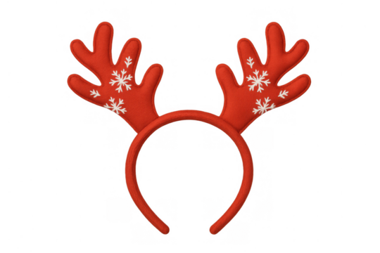 Red reindeer antlers headband with snowflakes, festive christmas accessory for holiday party costume, transparent background